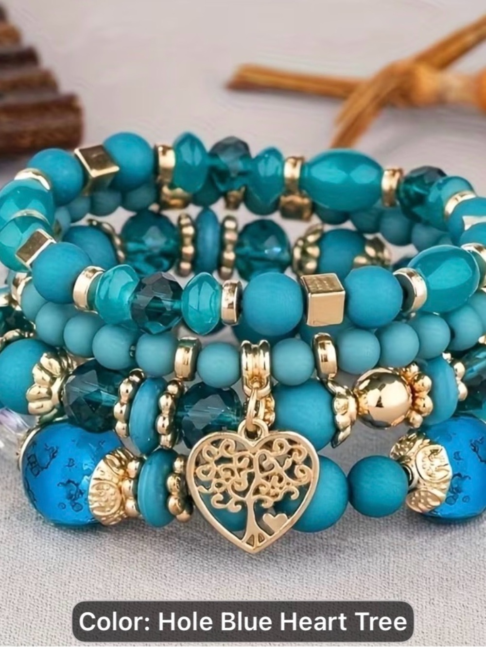 4pcs Handmade European & American Hole Bule Beaded Heart Tree Bracelet Stack